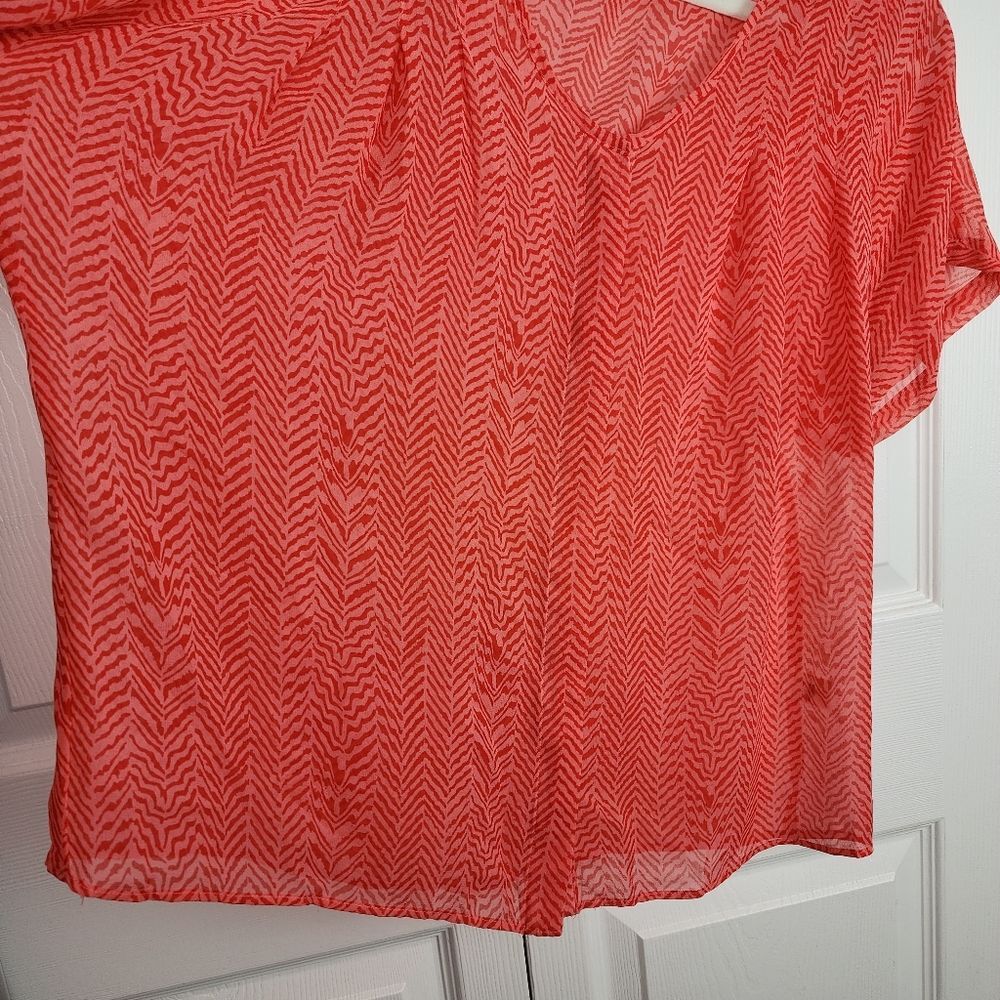 Anthropologie Maeve Silk Blouse M Coral Orange Chevron Print Short Sleeve Boho - Picture 12 of 15